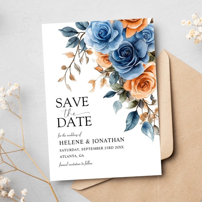  Elegant Garden Flowers Navy Blue Rust Wedding Save The Date (Elegant Garden Flowers Navy Blue Rust Wedding Save The Date)