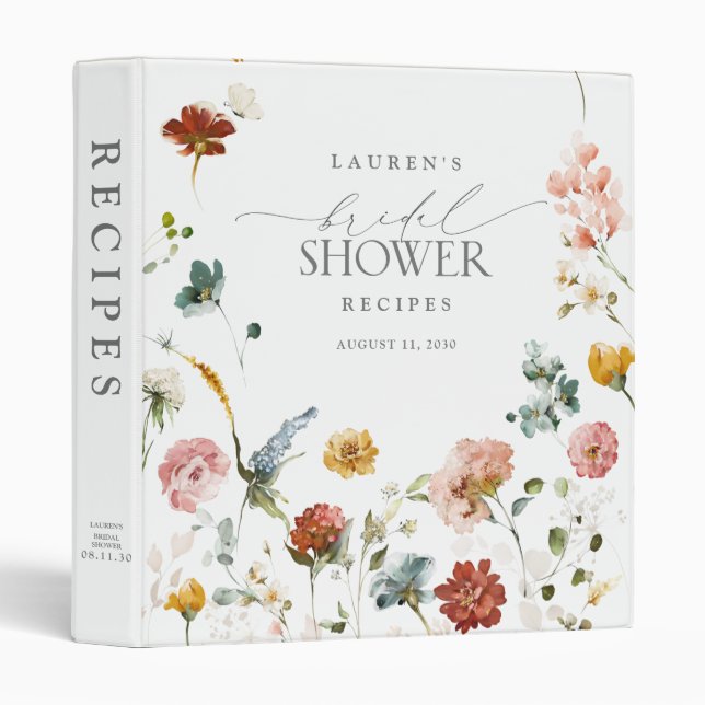 Elegant Garden Flowers Script Bridal Shower Recipe 3 Ring Binder (Front/Spine)