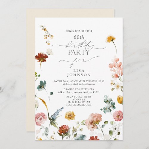 Elegant Garden Flowers Watercolor 60th Birthday Invitation