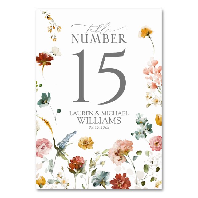 Elegant Garden Flowers Watercolor Floral Reception Table Number (Front)