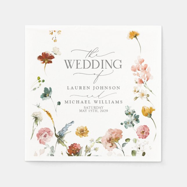 Elegant Garden Flowers Watercolor Floral Wedding  Napkins (Front)