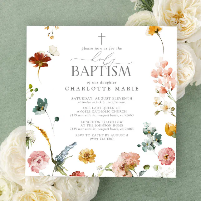 Elegant Garden Flowers Watercolor Holy Baptism Invitation | Zazzle