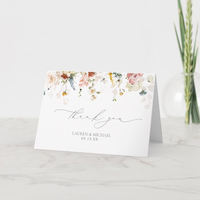 Elegant Garden Flowers Watercolor Photo Thank You Card (Front)