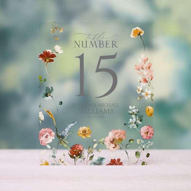 Elegant Garden Flowers Watercolor Table Number Acrylic Sign (Neutral)