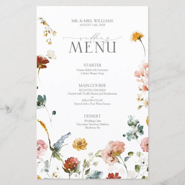 Elegant Garden Flowers Watercolor Wedding Menu (Front)