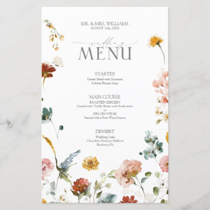 Elegant Garden Flowers Watercolor Wedding Menu