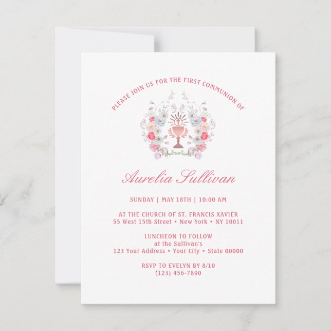Elegant Garden Flowers Wreath First Communion Invitation (Front)
