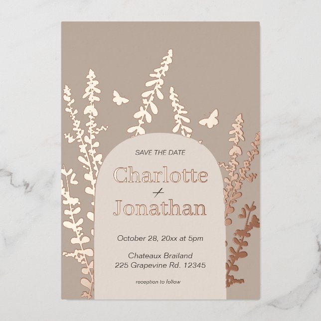 Elegant Garden Leaves and Butterflies Wedding  Foil Invitation (Front)