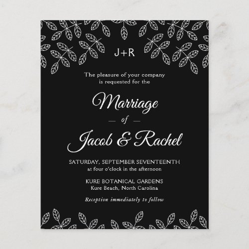 Elegant Garden Leaves Black Wedding Invitation