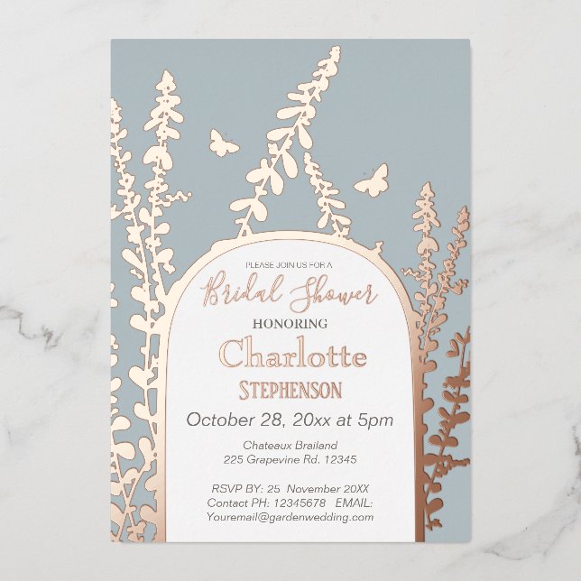 Elegant Garden Leaves  Butterflies Bridal Shower  Foil Invitation (Front)