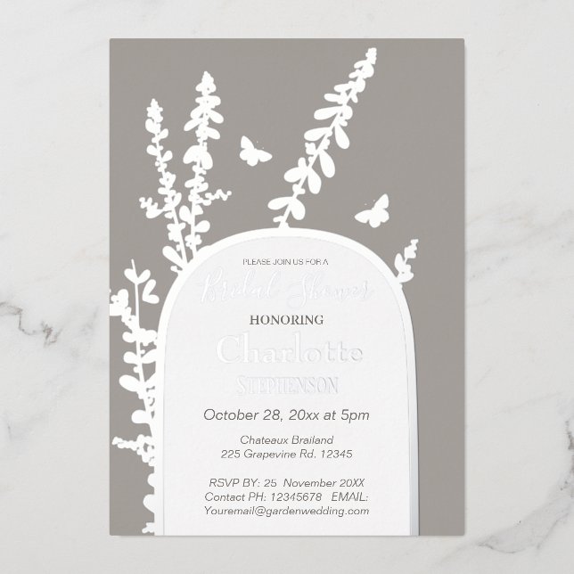 Elegant Garden Leaves  Butterflies Bridal Shower   Foil Invitation (Front)