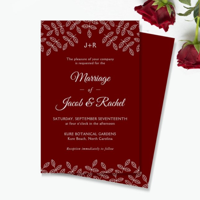 Elegant Garden Leaves Dark Red Wedding Invitation (Creator Uploaded)