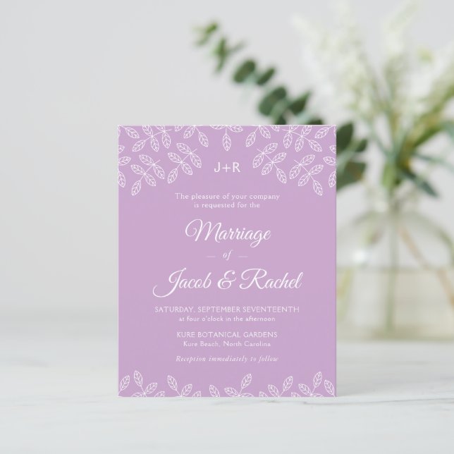 Elegant Garden Leaves Lavender Wedding Invitation (Standing Front)