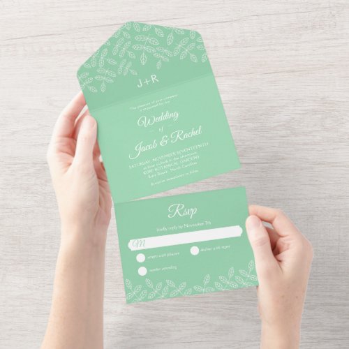 Elegant Garden Leaves Mint Green Wedding All In One Invitation