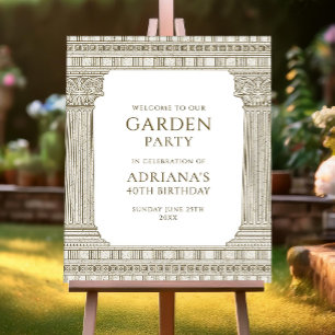 Elegant garden party welcome sign with columns