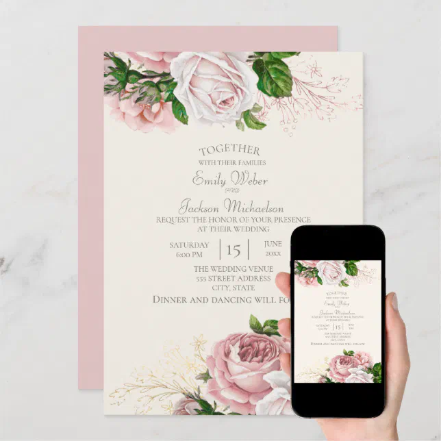 Elegant Garden Pink Floral Roses Cream Wedding Invitation | Zazzle