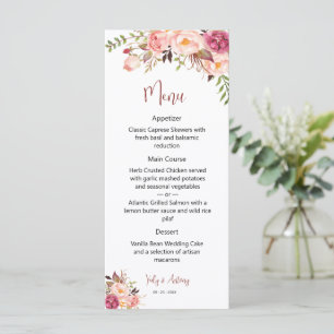 Elegant Garden Rose Floral Dining Reception Menu