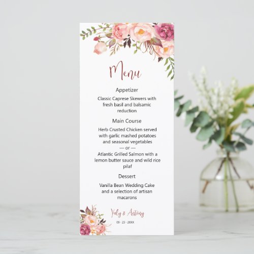 Elegant Garden Rose Floral Dining Reception Menu