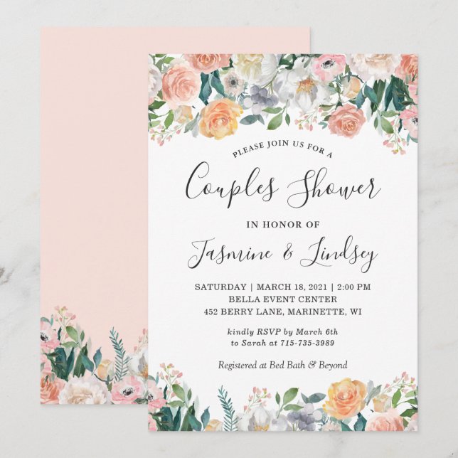 Elegant Garden Roses Floral Wedding Couples Shower Invitation (Front/Back)