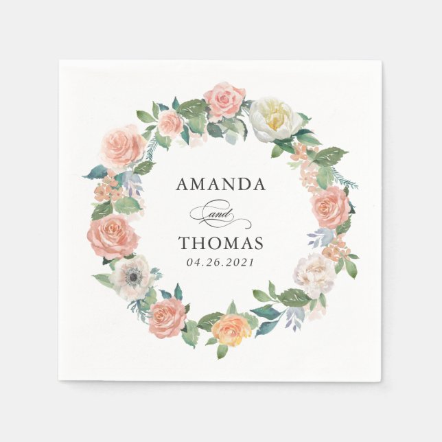 Elegant Garden Roses Floral Wreath Wedding Napkins (Front)
