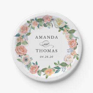 Elegant Garden Roses Floral Wreath Wedding Paper Plates
