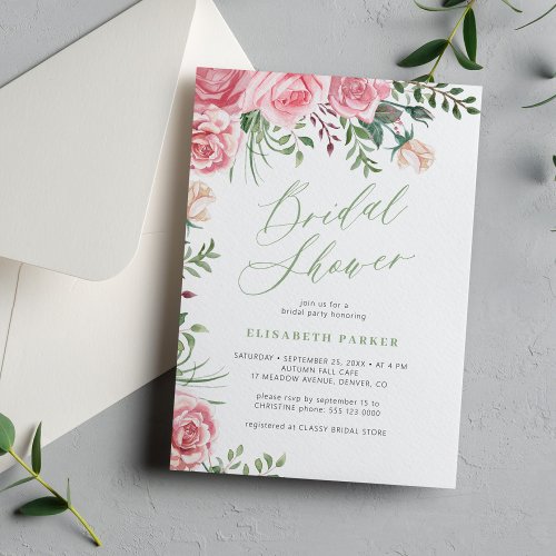 Elegant garden roses watercolor bridal shower invitation