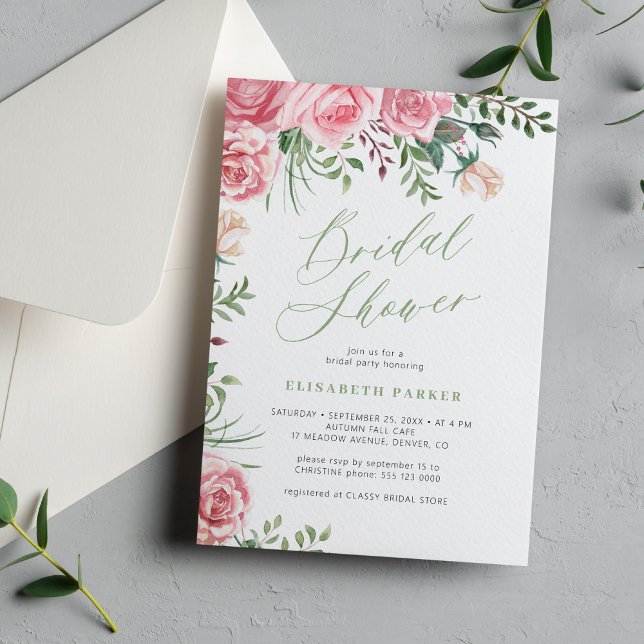 Elegant garden roses watercolor bridal shower invitation (Creator Uploaded)