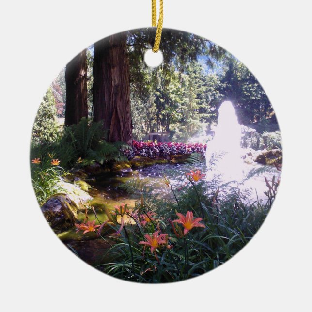 Elegant Garden Scene with Water Fountain Ceramic Ornament (Front)
