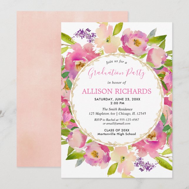 Elegant garden theme pink flora graduation party invitation (Front/Back)