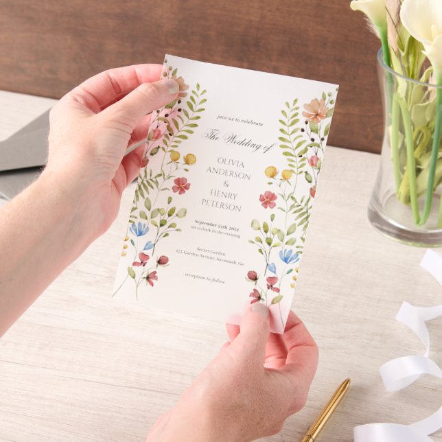 Elegant Garden Wildflowers Floral Spring Wedding  Vellum Invitations (Handheld)