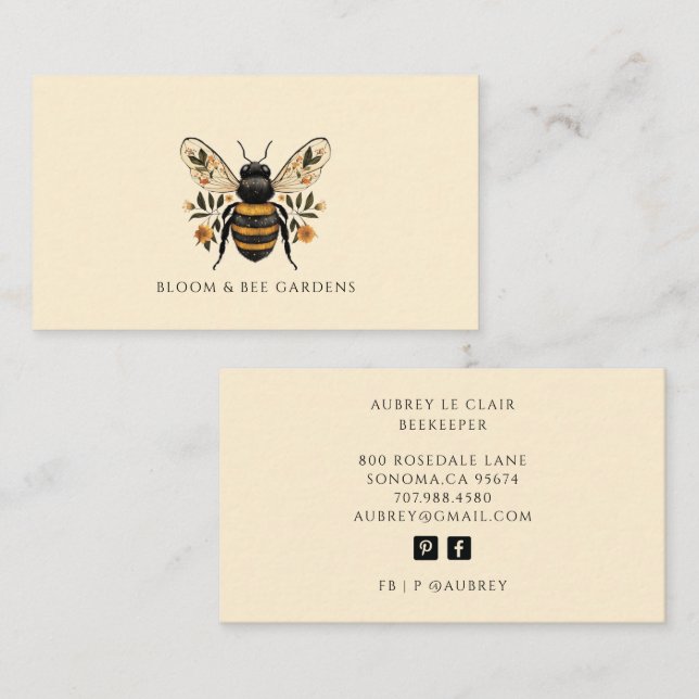 Elegant Gardener Botanical Bee Business Card (Front/Back)