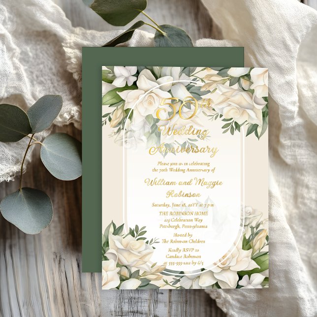 Elegant Gardenia Floral 50th Wedding Anniversary Foil Invitation (Elegant Gardenia Floral 50th Wedding Anniversary Gold Foil Invitation)