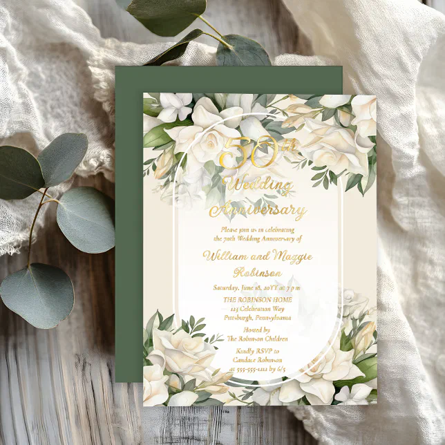 Elegant Gardenia Floral 50th Wedding Anniversary Foil Invitation | Zazzle