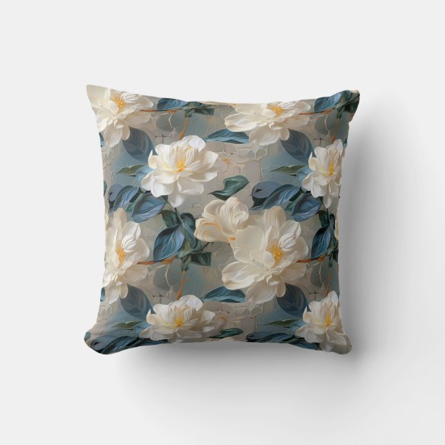 Elegant Gardenia Floral Pattern Throw Pillow (Front)