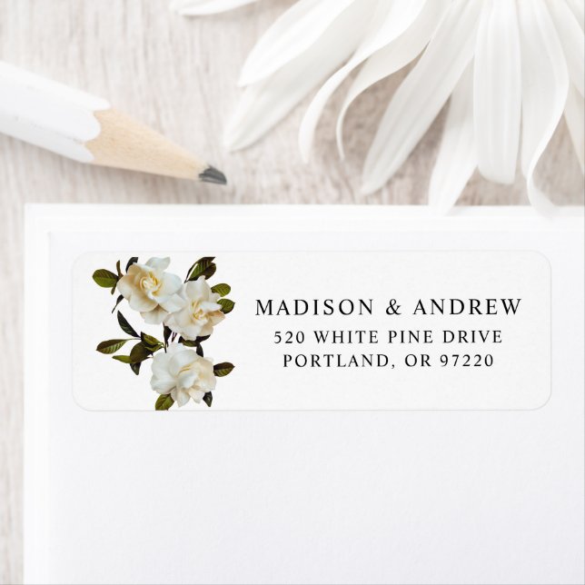 Elegant Gardenia Floral Wedding Return Address Label (Insitu)