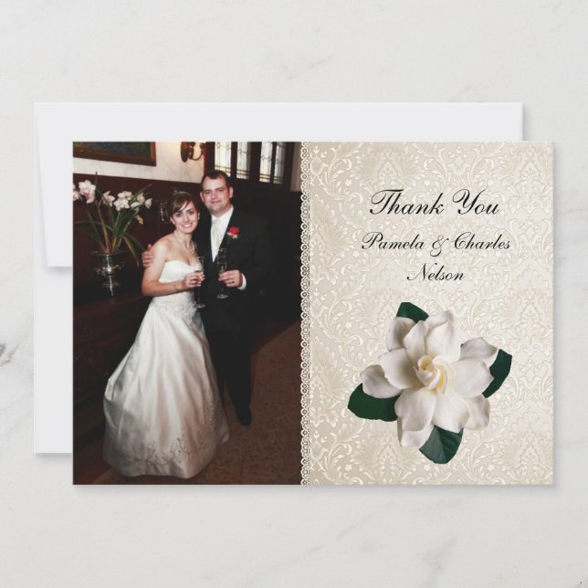 Elegant Gardenia Photo Wedding Thank You Card (Front)
