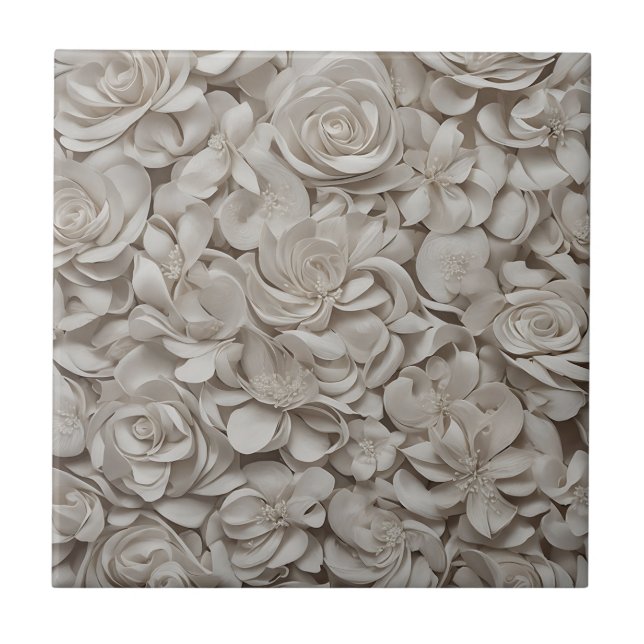 Elegant Gardenia White Floral Pattern Ceramic Tile (Front)
