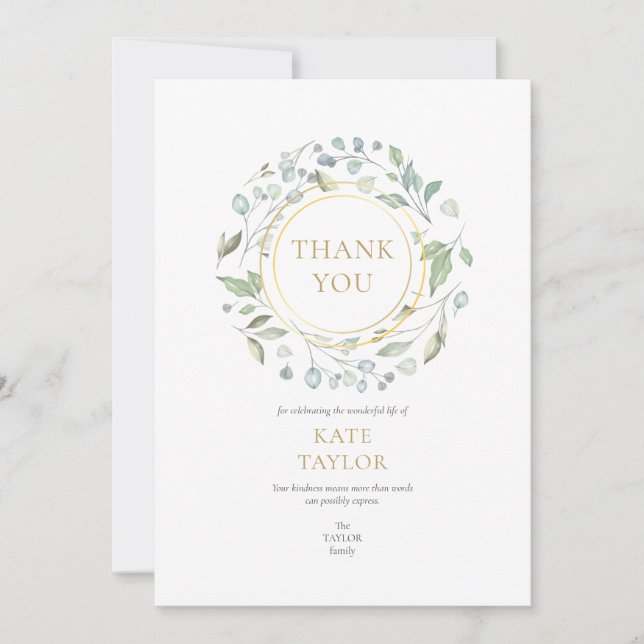 Elegant Garland Simple Funeral Memorial Thank You Card (Front)