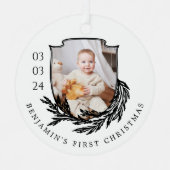 Elegant Garland Wreath Crest Baby First Christmas Metal Ornament (Front)