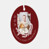 Elegant Garland Wreath Crest Baby First Christmas Metal Ornament (Front Left)