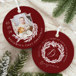 Elegant Garland Wreath Crest Baby First Christmas Metal Ornament<br><div class="desc">Elegant winter garland crest baby's first Christmas photo & monogram ornament. Our personalized ornament features our hand-drawn winter garland wreath design with a personalized baby photo and birthday. The revised side displays our elegant winter garland wreath and custom monogram, baby birth stats, and name. Note: color can be changed using...</div>