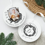 Elegant Garland Wreath Crest Baby First Christmas Metal Ornament<br><div class="desc">Elegant winter garland crest baby's first Christmas photo & monogram ornament. Our personalized ornament features our hand-drawn winter garland wreath design with a personalized baby photo and birthday. The revised side displays our elegant winter garland wreath and custom monogram, baby birth stats, and name. Note: color can be changed using...</div>