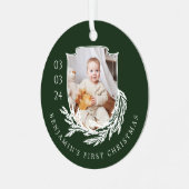 Elegant Garland Wreath Crest Baby First Christmas Metal Ornament (Front Left)