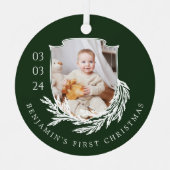 Elegant Garland Wreath Crest Baby First Christmas Metal Ornament (Front)