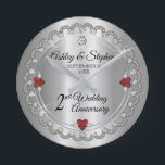 Elegant Garnet Diamonds 2nd Wedding Anniversary Round Clock<br><div class="desc">Opulent elegance frames this 2nd wedding anniversary design in a unique scalloped diamond design with center teardrop diamond with heart-shaped sapphire accents and faux added sparkles on a silver-tone gradient. Please note that all embellishments are printed and are only made to appear as real as possible in a flat, printed...</div>
