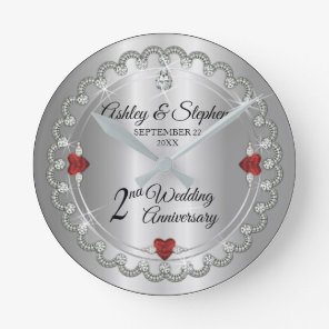 Elegant Garnet Diamonds 2nd Wedding Anniversary Round Clock