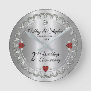 Elegant Garnet Diamonds 2nd Wedding Anniversary Round Clock