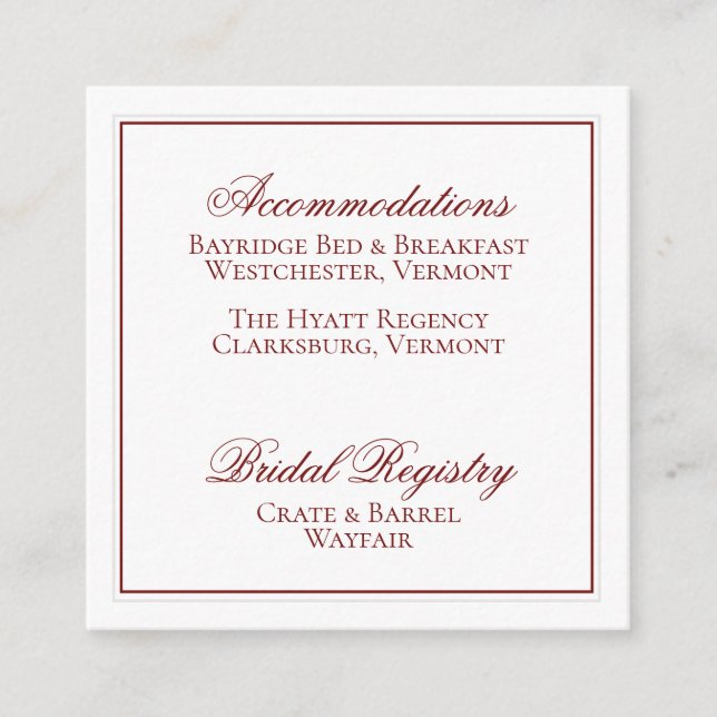 Elegant Garnet Red and White Wedding Details Card (Front)