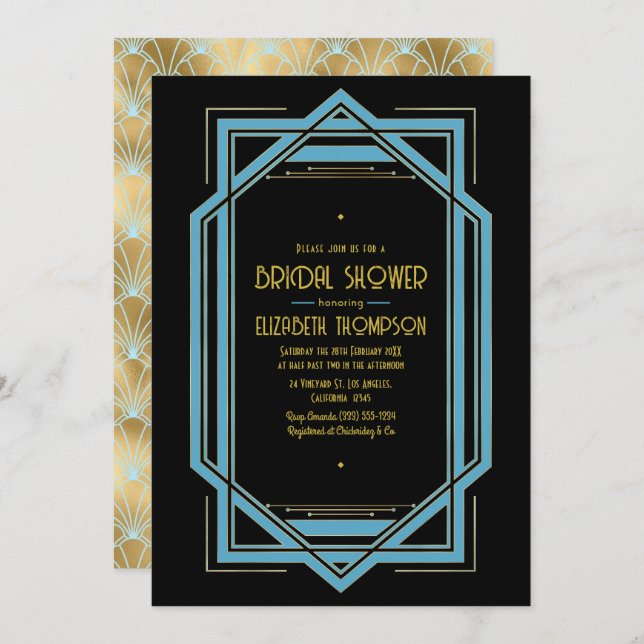 Elegant Gatsby Art Deco Blue & Gold Bridal Shower Invitation (Front/Back)