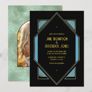 Elegant Gatsby Art Deco Blue & Gold Wedding Photo Invitation